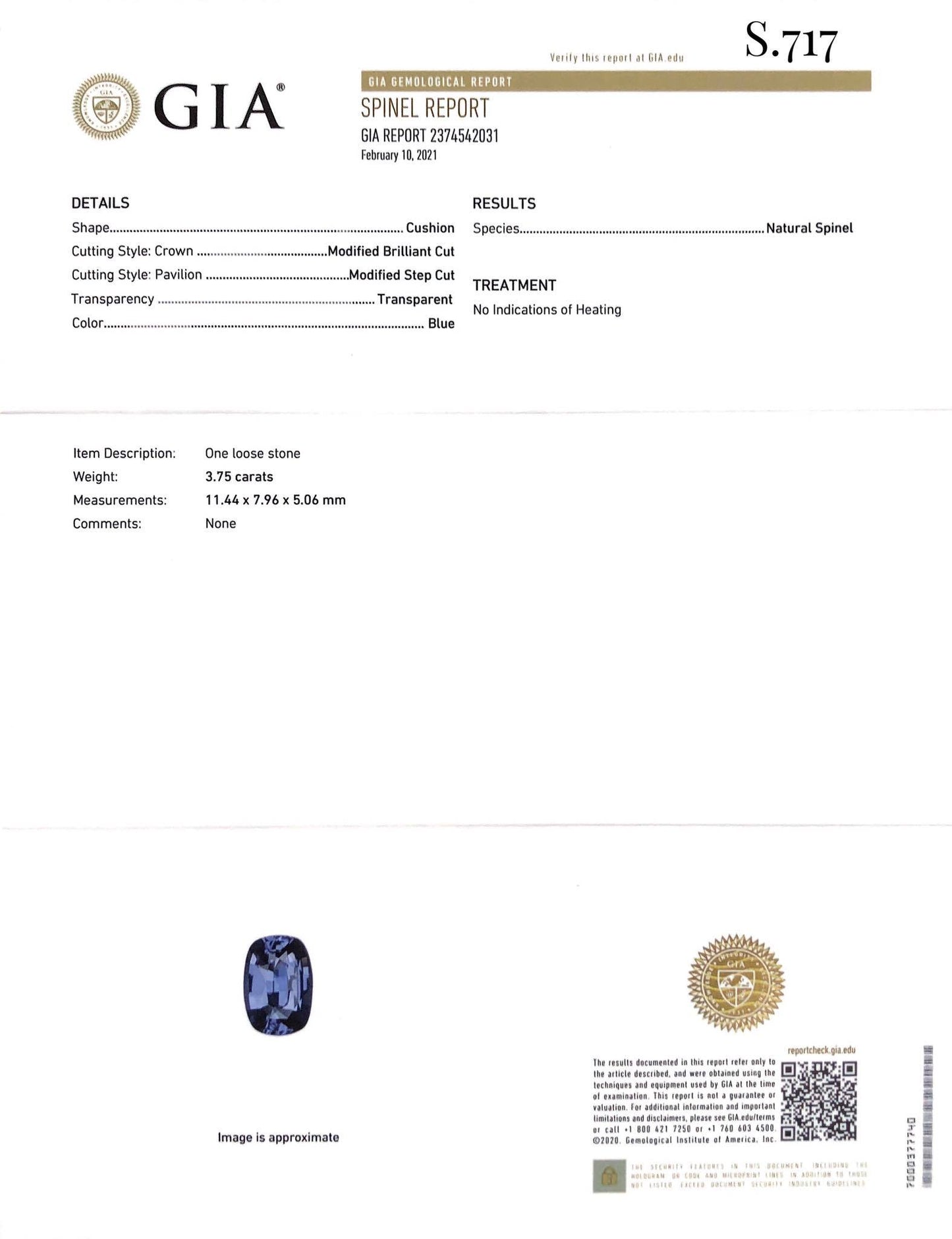 Blue Spinel 3.75 ct