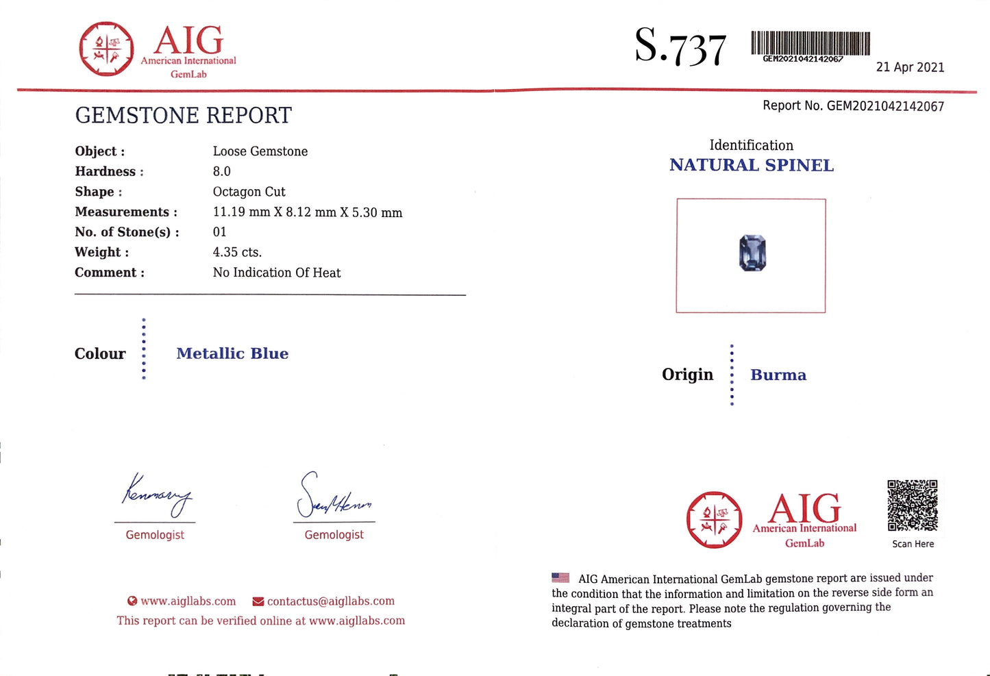 Metallic Blue Spinel 4.35 ct